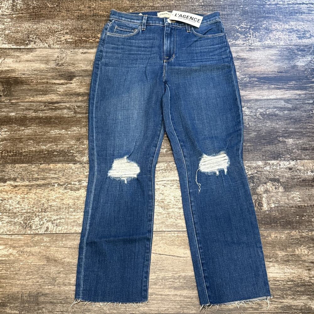 L'Agence Jeans Womens 27 Blue Sada Cropped‎ Slim Distressed Raw Hem Denim NEW - Picture 2 of 13